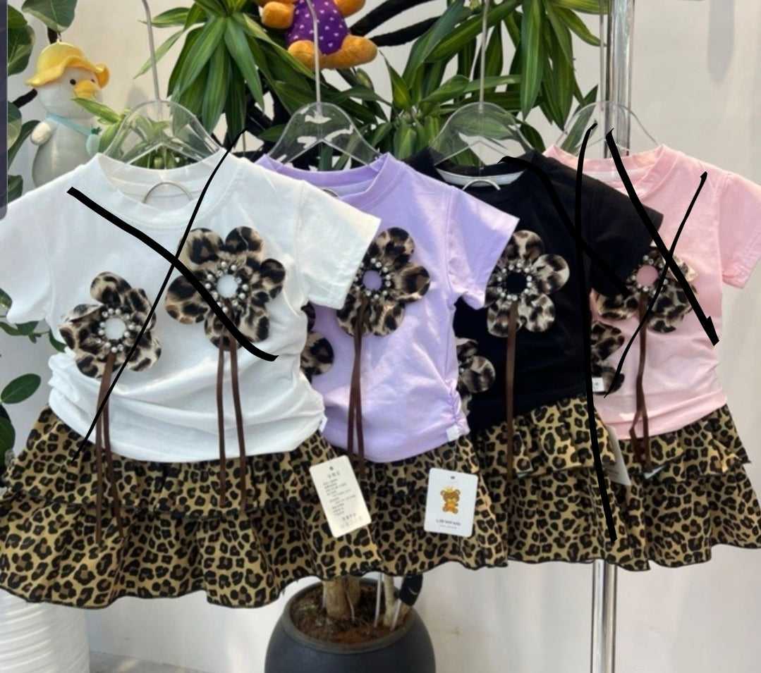 New look girl set leopard print skirt summer Casual style +purple short sleeved round neckTop .