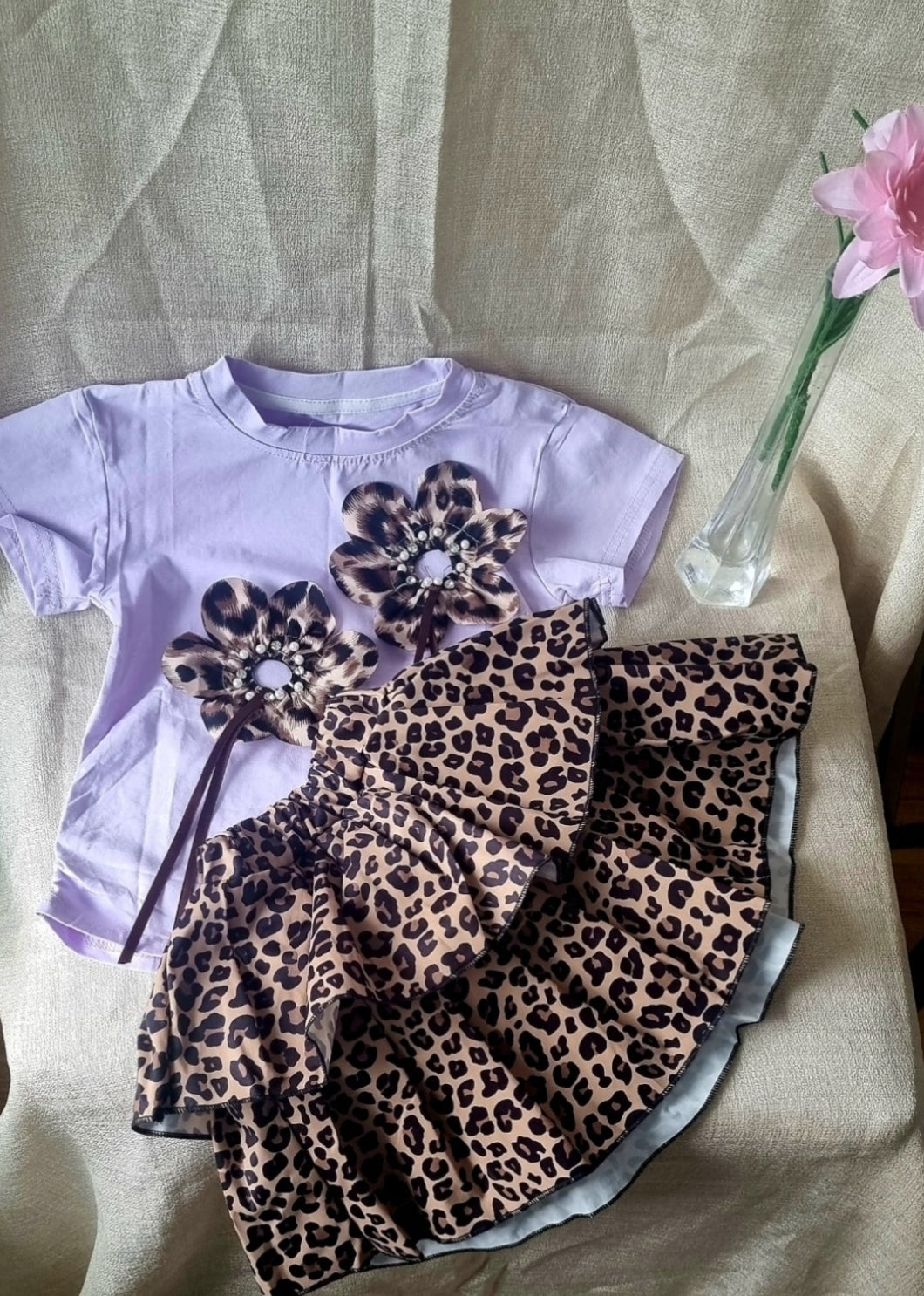 New look girl set leopard print skirt summer Casual style +purple short sleeved round neckTop .